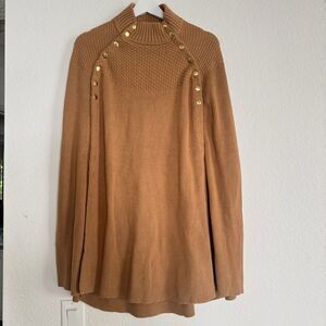 New G.I. L.I. Tan Sweater Boho Cape Poncho  Gold Button Detail Hippie M/L